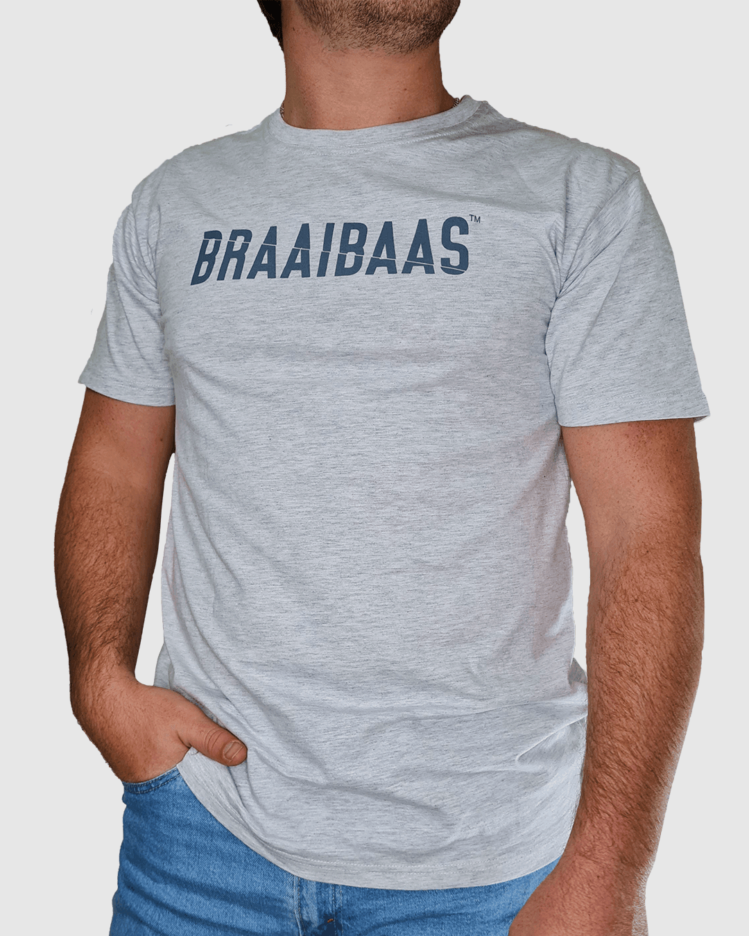 the braaibaas proud baas mens and womens t-shirts in melange grey and light grey